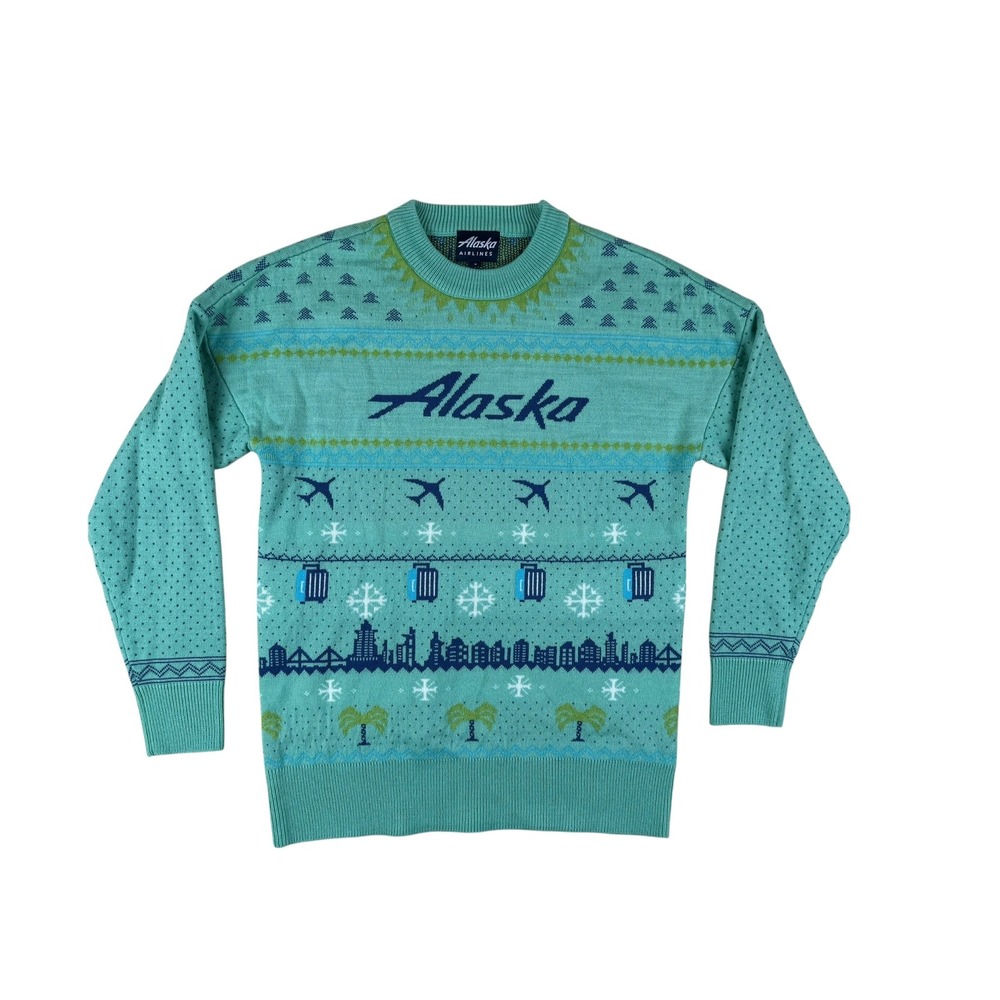 Alaska Airlines Medium Sweater Holiday Aviation Teal Acrylic Fair Isle